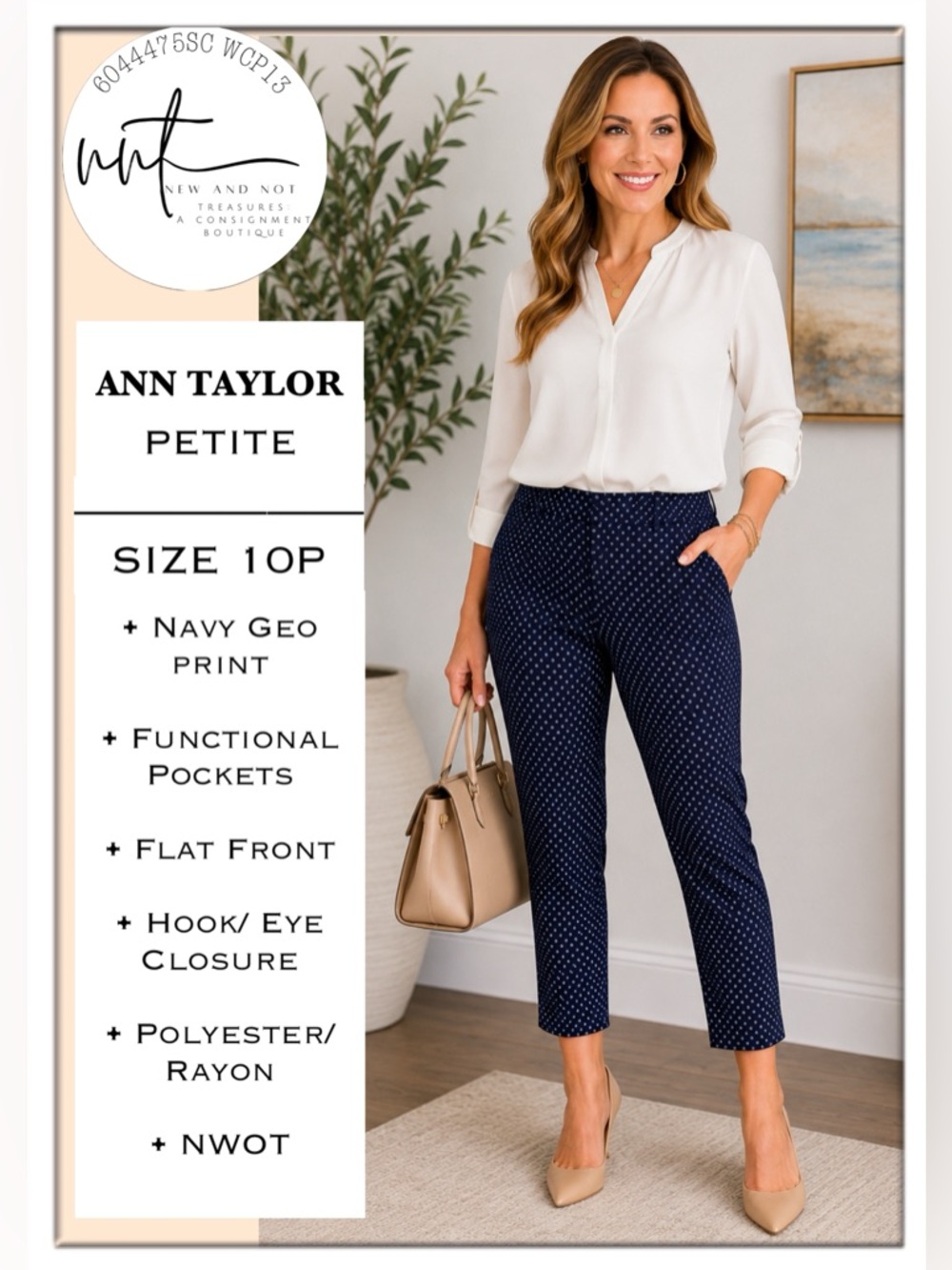 Ann Taylor Petite Navy Blue Geometric Ankle Pants 10P Flat Front Career Stretch